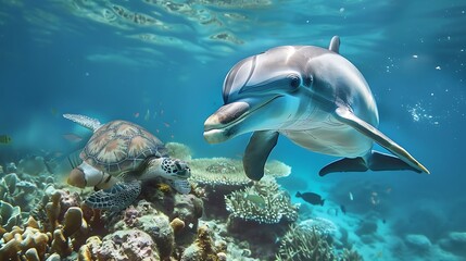 Obraz premium A dolphin and a sea turtle exploring a reef