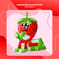 Cute strawberry character wearing glasses and reading a book