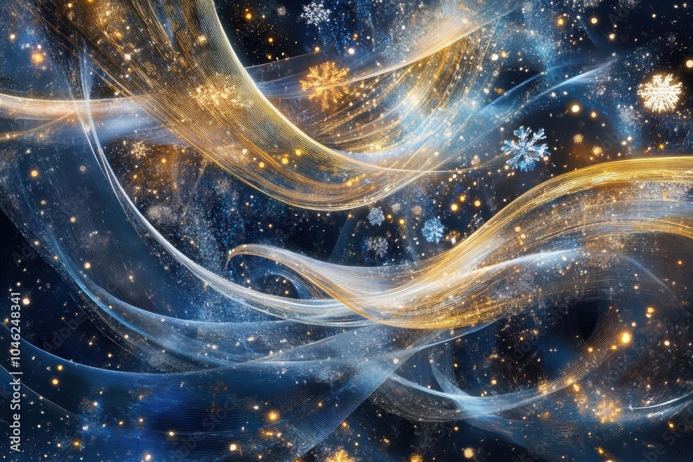 Aufkleber swirling golden and silver lines interweave with snowflakes, creating a vibrant and festive atmosphe