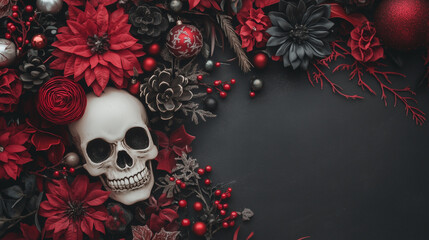 human skull on black background with red poinsettia flowers and ornaments