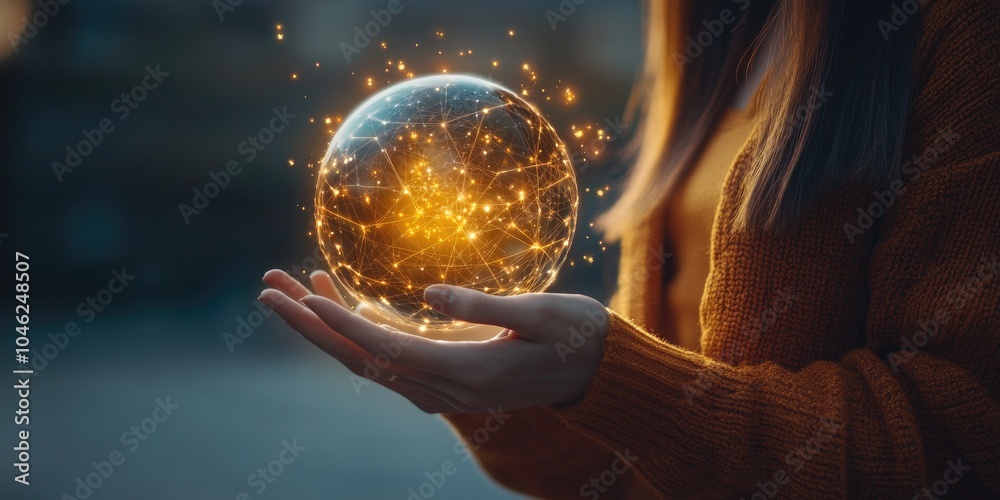 Aufkleber woman hand holding virtual global internet connection metaverse. business global internet connection