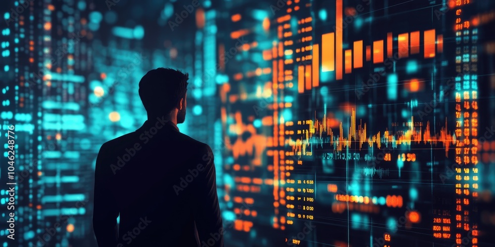 Fototapete Big data analytics and business intelligence concept with chart and graph icons on a digital screen interface and a businessman in background
