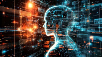 A digital illustration of a human head silhouette with brain-like networks, representing artificial intelligence or advanced computing technology amidst an abstract data interface background.