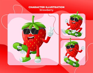 Cute strawberry characters skateboarding