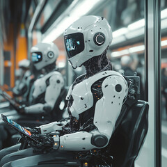 Fototapeta premium Female robot face, Artificial intelligence concept, humanoid head representing futuristic technology and artificial intelligence