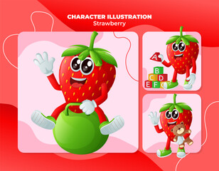 Cute strawberry characters playing with kid toys