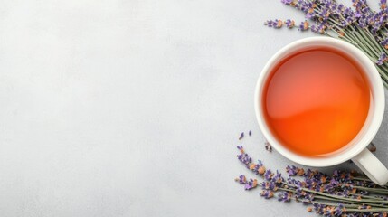 A serene cup of tea beside lavender flowers on a light surface, evoking calmness and relaxation.