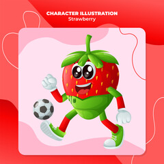 Cute strawberry character playing soccer