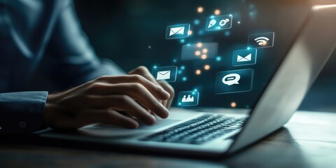 Contact us or Customer support hotline people connect. Businessman using a laptop and touching on virtual screen contact icons ( email, address, live chat, internet wifi