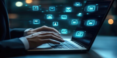 Contact us or Customer support hotline people connect. Businessman using a laptop and touching on virtual screen contact icons ( email, address, live chat, internet wifi