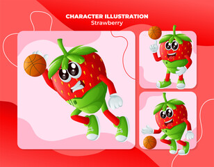 Cute strawberry characters playing basketball