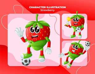 Cute strawberry characters playing soccer