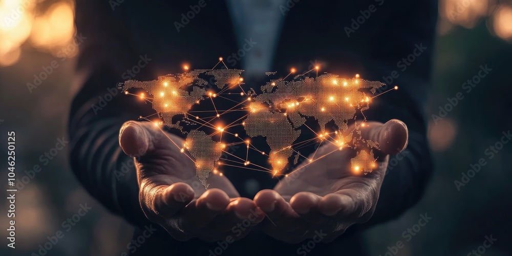 Poster businessman holding global network connection. big data analytics and business intelligence concept.