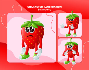 Cute strawberry characters with different facial expressions