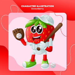Cute strawberry character playing baseball