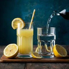 One glass of fresh lemon juice with a cold glass of water, Refreshing homemade lemonade with fresh lemon slices, served in a glass. Perfect for summer refreshment and outdoor gatherings!
