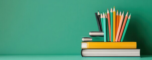 3D illustration of educational books with pencils and markers, flat design, top view, study theme, water color, vivid