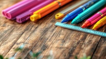 Fototapeta premium 3D illustration of colorful pens and a ruler on an office desk, flat design, top view, work tools theme, water color, vivid