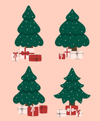 Set of Christmas trees with gifts. Flat vector illustration.