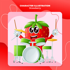 Cute strawberry character playing musical instrument