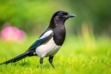 Fototapeta premium Stunning black and white magpie on garden lawn during summer