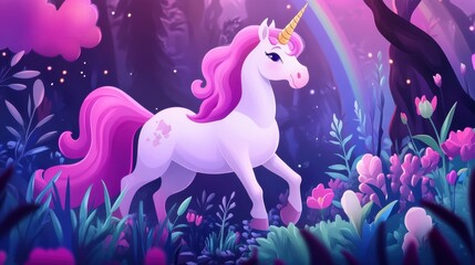 Fototapeta premium A white unicorn with golden horn and pink mane in magic garden