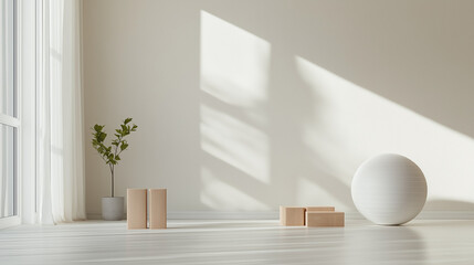 calm and modern living space showcases minimalist design,with light filtering through windows,highlighting wooden blocks and a decorative sphere,copy space