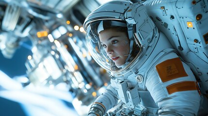 female astronaut in a space suit, floating outside a spacecraft. She is equipped with a helmet, and her expression seems