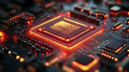 Obraz premium Close-up of a glowing computer processor chip on a circuit board.