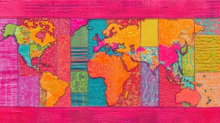 Naklejka premium A colorful quilted map of the world featuring vibrant patterns and textures.