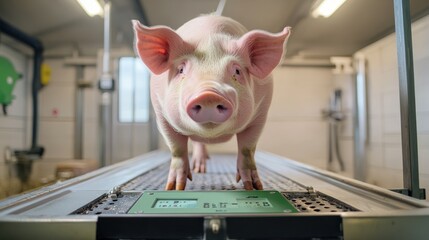 A pig being weighed and monitored before starting an exercise session for weight control, on a modern farm with advanced health management tools