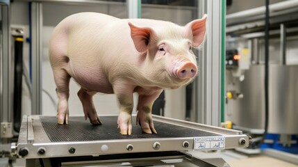 A pig being weighed and monitored before starting an exercise session for weight control, on a modern farm with advanced health management tools