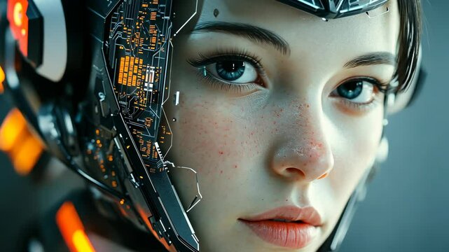 A woman with blue eyes and freckles stares directly at the viewer while wearing a futuristic helmet