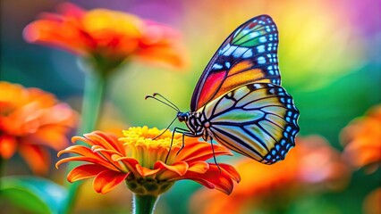 Fototapeta premium A colorful rainbow-colored butterfly perched on a bright orange flower, wildlife, outdoors, rainbow butterfly