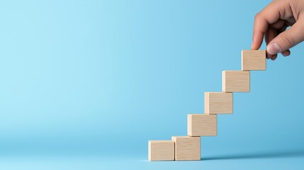 Hand placing wooden blocks, representing growth and achievement, blue isolated background.