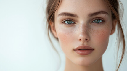 A close-up portrait of a young woman on a white background, her features sharp and well-lit, showing confidence