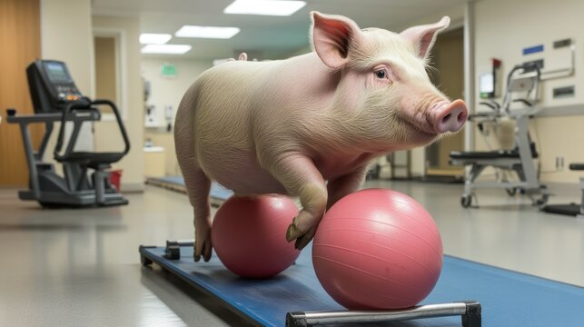 A pig participating in a weight management program, monitored by a veterinarian, using exercise balls and a walking track