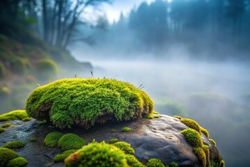 A delicate, lace-like layer of moss covering the surface of a large stone in a misty atmosphere, fog, moss, landscape