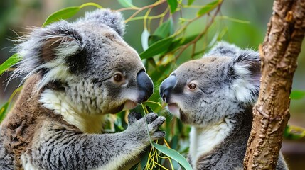 A koala and a kangaroo sharing a eucalyptus feast