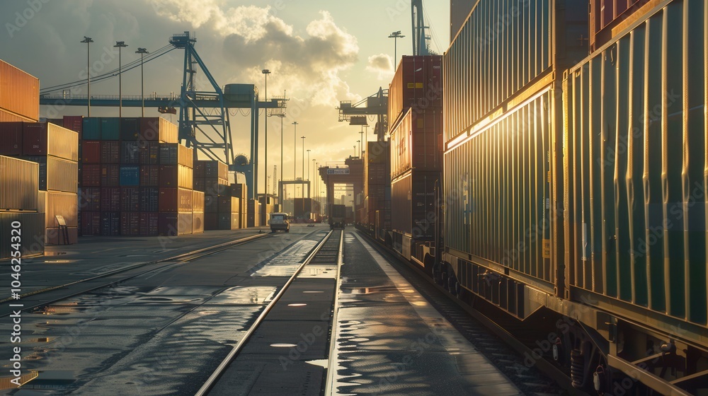 Fototapete containers are being transferred from a truck to a train at a bustling port in the late afternoon, i