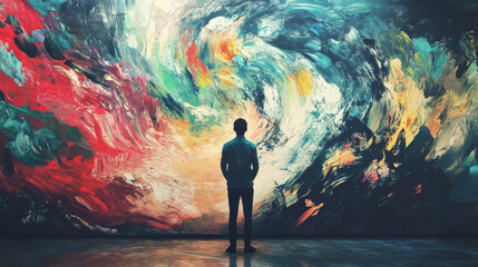 Fototapeta premium A figure standing in front of a canvas, surrounded by swirling abstract shapes, symbolizing the limitless possibilities of creativity