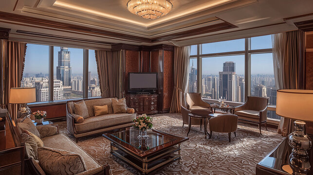 A high end hotel suite with an open floor plan