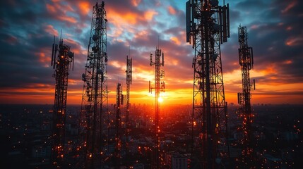 Sunset over telecommunications towers silhouetted against the sky.