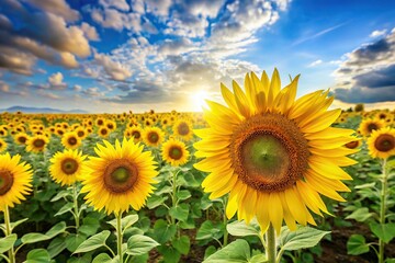 Fototapeta premium A field of bright yellow sunflowers stretching towards the sky with gentle petals, sunflowers, green, nature, sunlight
