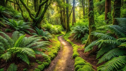 A forest path winds its way through a dense thicket of ferns and moss, natural scenery, forest landscape, forest scenery