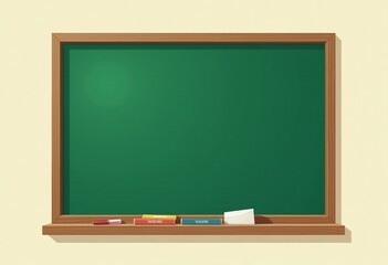 Flat Design Green Chalkboard with Wooden Frame: Empty School Board Illustration Featuring Chalk Pieces and Eraser, Perfect for Educational Use