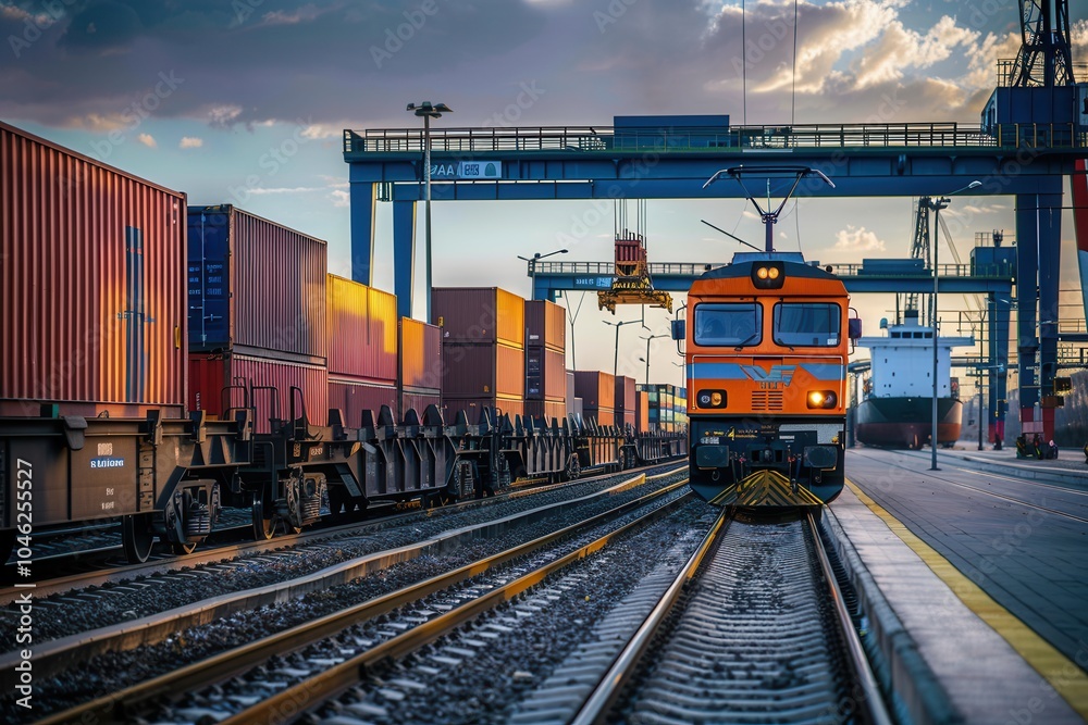 Aufkleber freight containers are being transferred from a truck to a train at a shipping terminal as the sun s