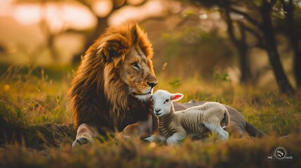 Obraz premium A lion and a lamb sharing a peaceful moment