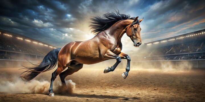 Stunning image of a powerful horse gracefully performing a levade in an asymmetrical stance