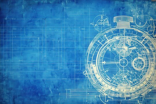 Blueprint of mechanical watch on blue background
